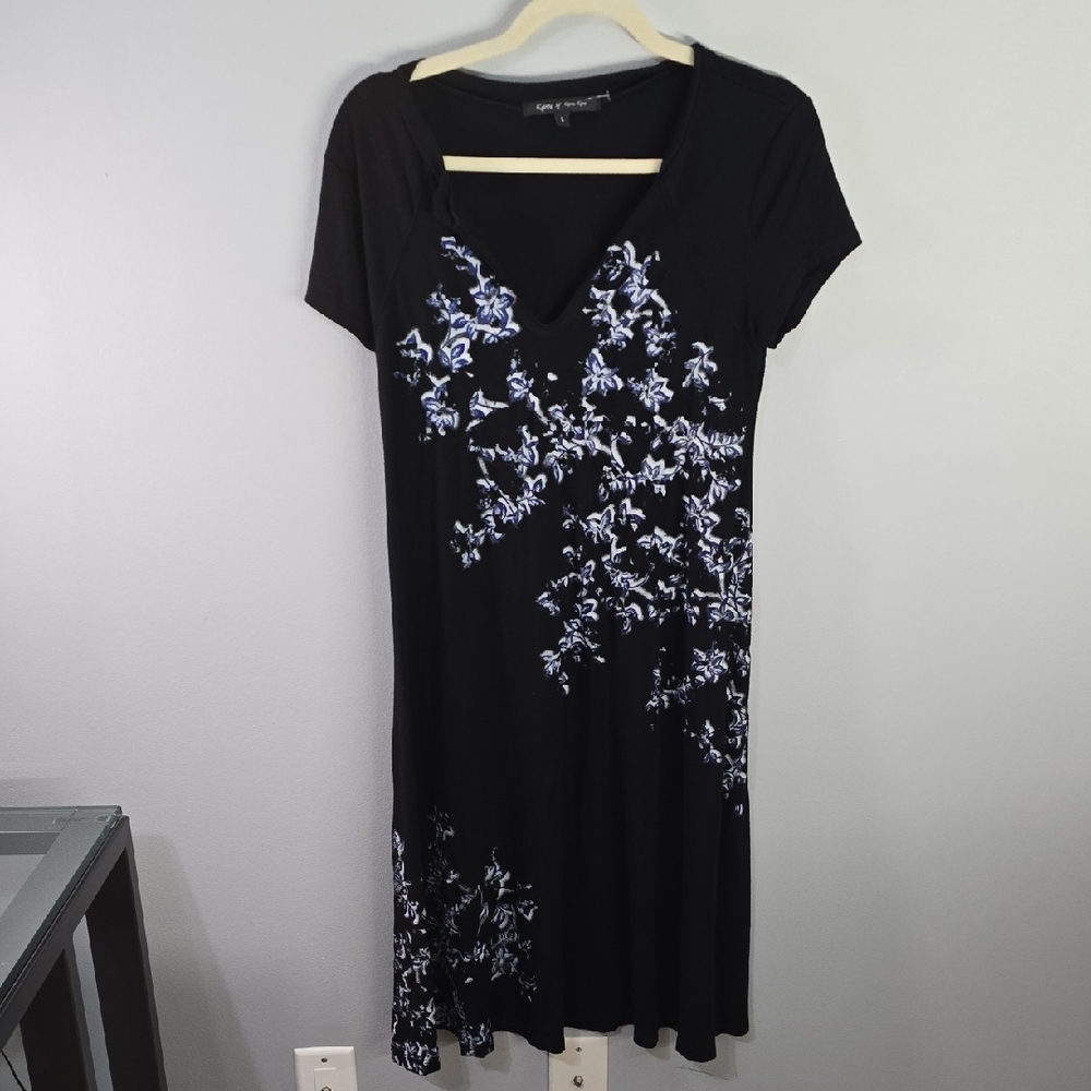 Karen By Karen Kane Women's Large Black Floral Short-Sleeve V-Neck Dress Comfy